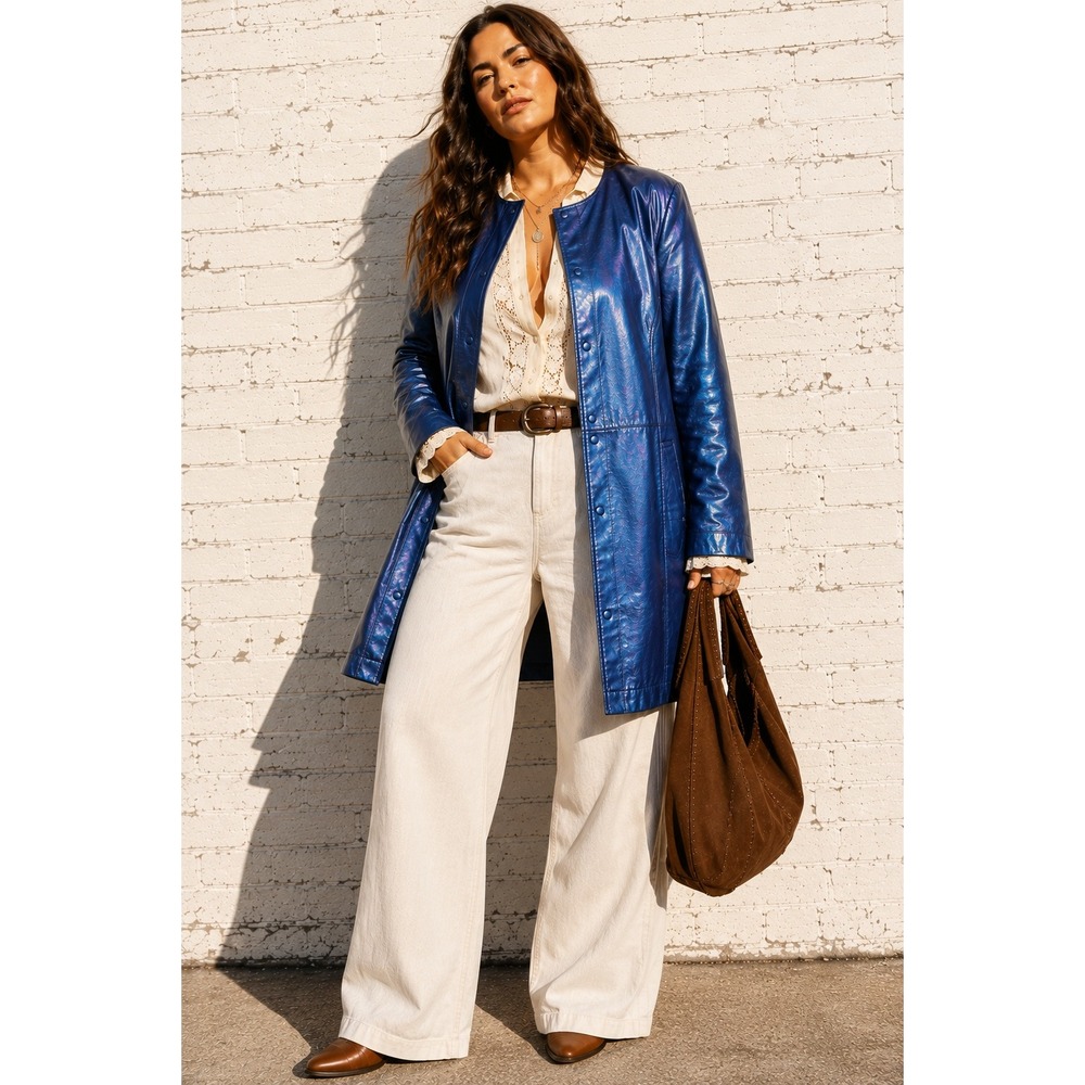Vintage Jessica London Blue Leather Snap Front Coat Jacket Minimalist 90s 16W